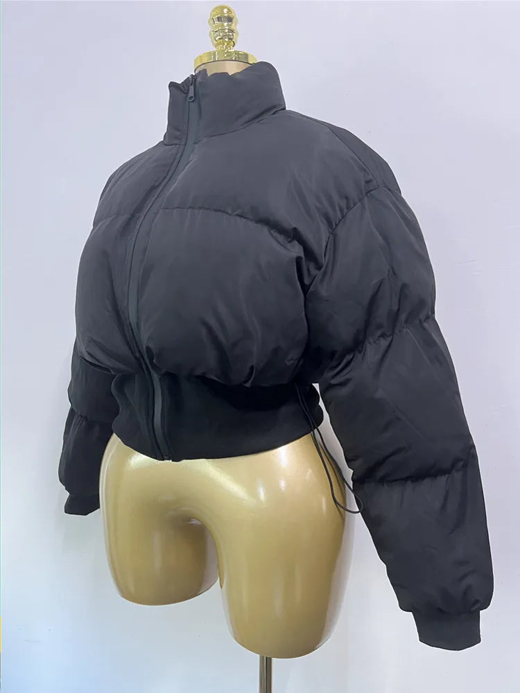 Joskaa 2025 Winter Women's Black Puffer Jacket Fashion Stand Collar Long Sleeve Zip Cotton Padding Coat Outerwear Streetwear