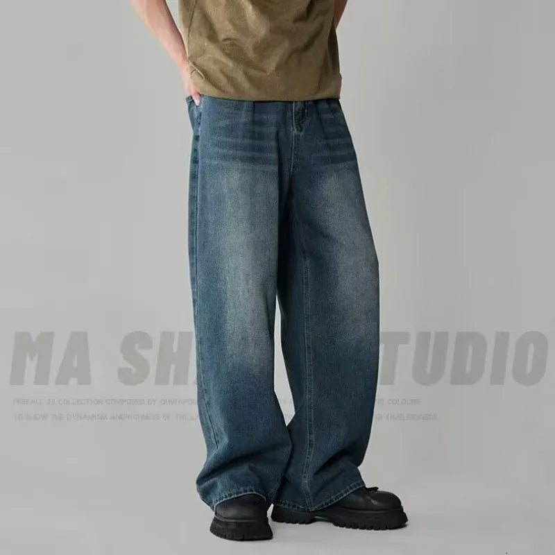Spring Autumn Men's New Denim Pants Old Blue Washed Casual Jeans Menwear Loose New Fashion contrasting color Wide Leg Trousers ATFH
