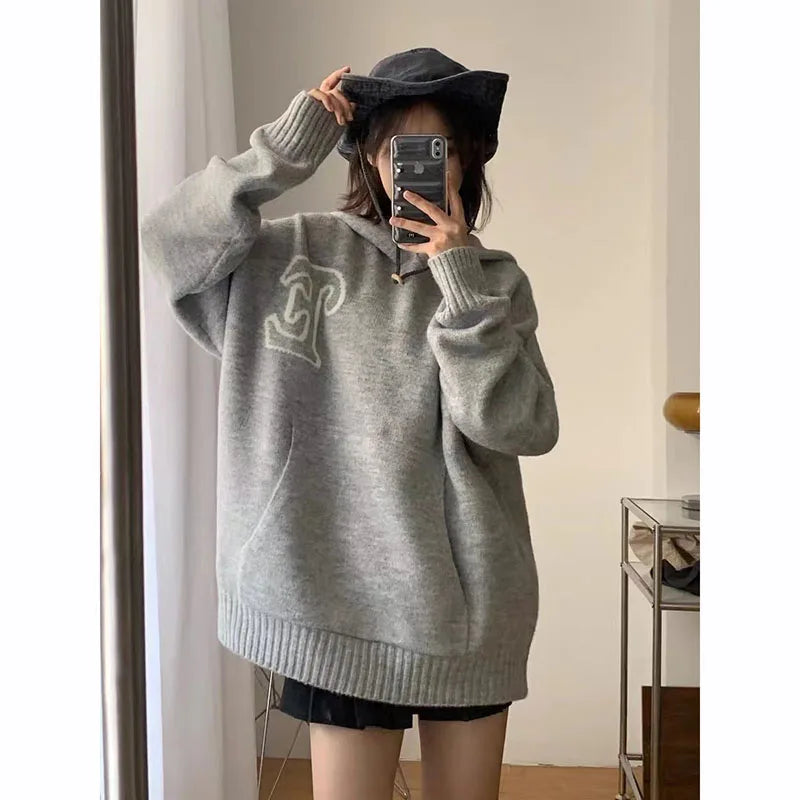 Gray Letter Graphic Hoodie Sweater Women Y2K Autumn Loose Korean Warm Knit Sweatshirt Bf Streetwear Oversize All Match Pullover - ATFH