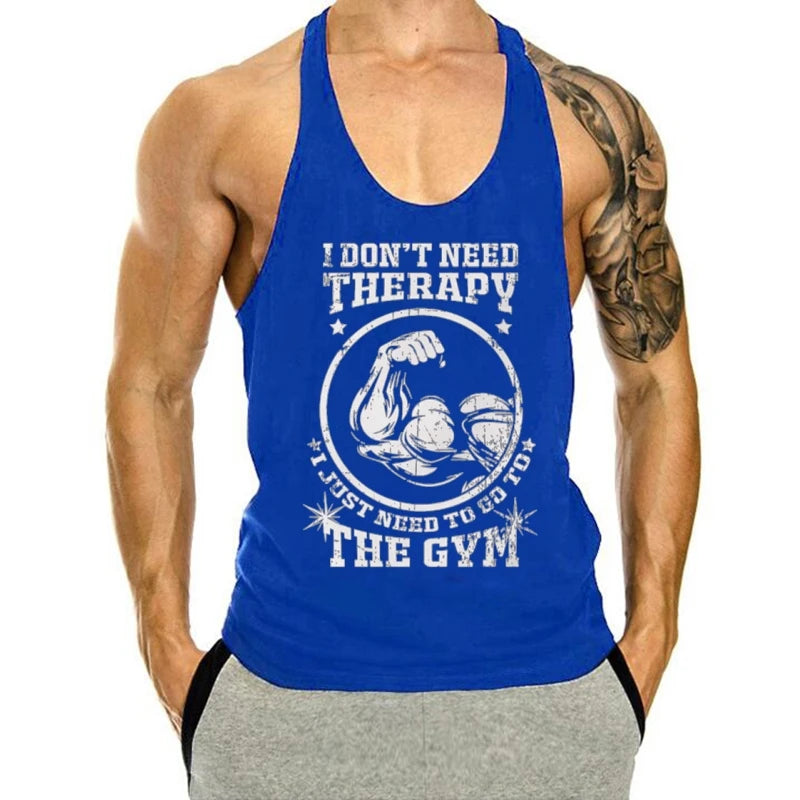 Men's "I don't need therapy, just the gym" Muscle Graphics Stringer Vest-Sleeveless Fitness, Bodybuilding and Plus Size Exercise