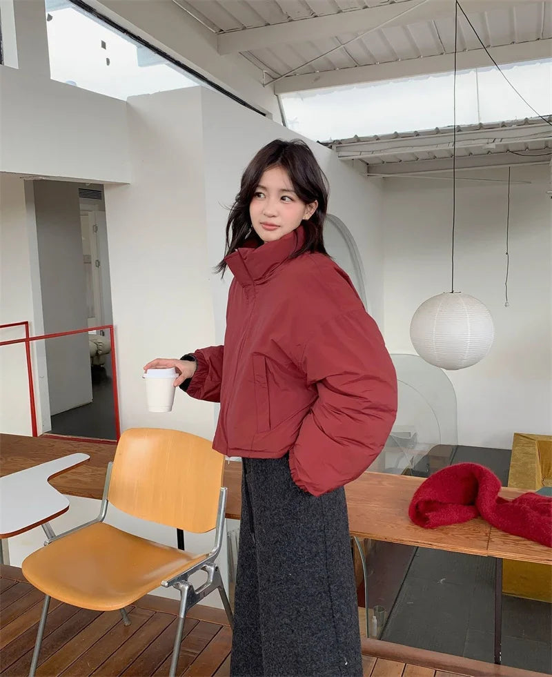 Wearing Down Cotton Jacket onBoth sSides, Women's Short Style Stand up Collar Cotton Jacket for Small People,  Contrasting Color ATFH