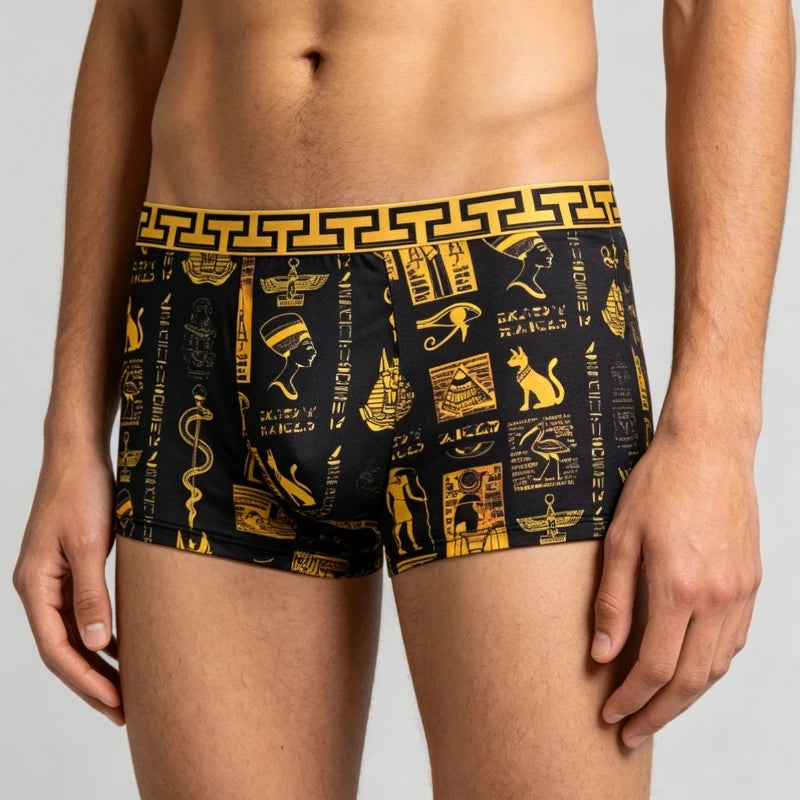 Mens Egyptian Gold Black Boxer Briefs Luxury Greek Key Pattern Party Rave Outfit Underwear for Trendsetters Cool Festival Shorts