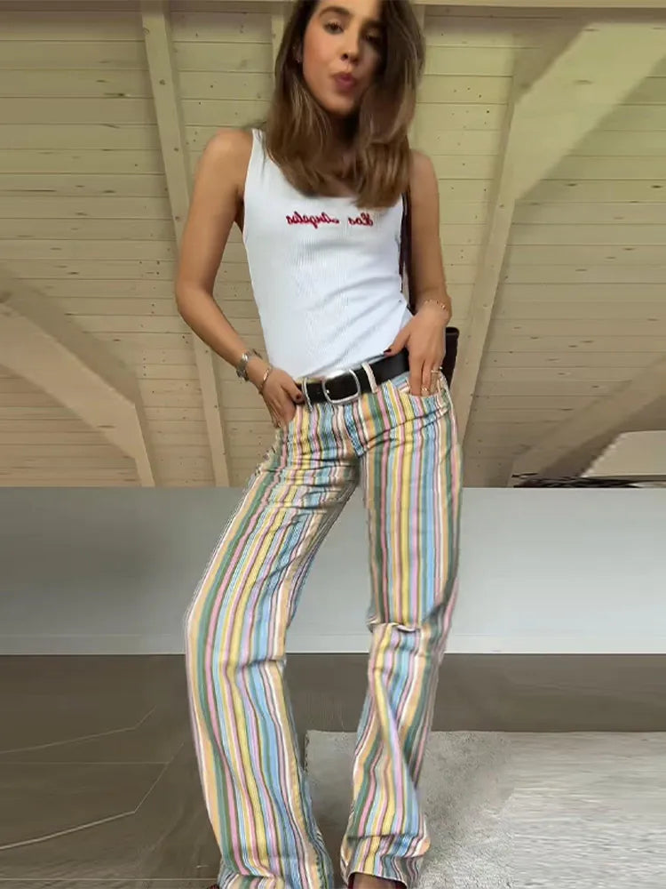 Colorful Striped Jeans Women's Low-Waist Pockets Wide-Leg Trousers 2026 Street Retro Multicolor Vertical Stripe Denim Pants ATFH