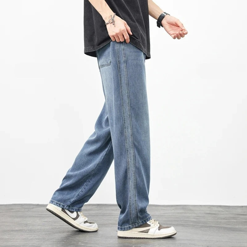 Good Quality Summer Cosy Soft Lyocell Fabric Men's Jeans Loose Wide Leg Pants Elastic Waist Thin Casual Y2K Trousers Plus Size ATFH
