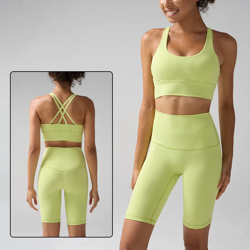 Women's 2 Piece Yoga Gym Sports Clothes Set Cross Back Bra Top with High Waist Shorts Fitness Running Workout Tracksuit - ATFH