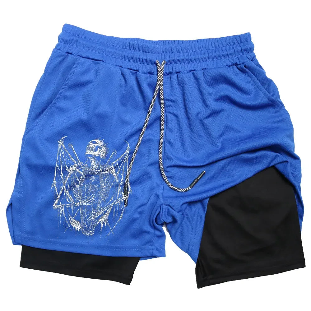 Shorts Men Quick-drying Fitness Skull Print Double Layer Shorts Workout Training Running Bodybuilding Sportwear