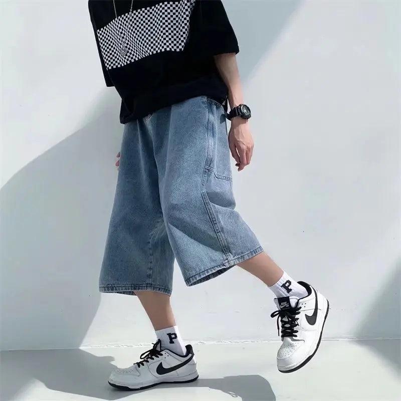 jeans Pants men Summer Short Jeans Big-pockets Breeches Hip Hop Streetwear Baggy Denim Shorts Casual Wide-leg Capris Pants ATFH