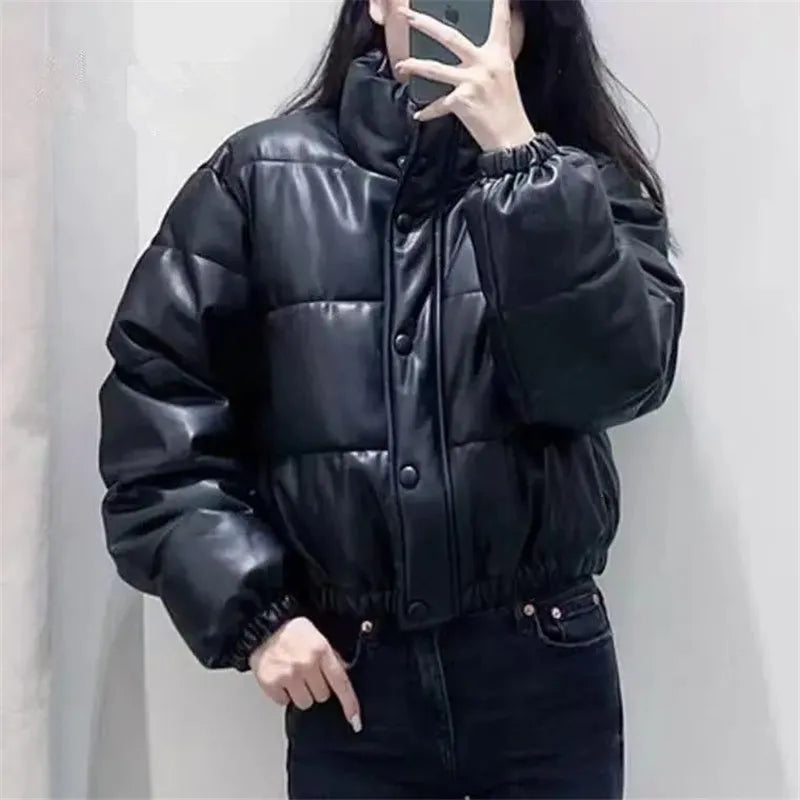 Short Cotton Jacket Parkas Women Winter Warm Thick Down Cotton Leather Coat Fashion Cotton Padded Zipper Overcoat Female