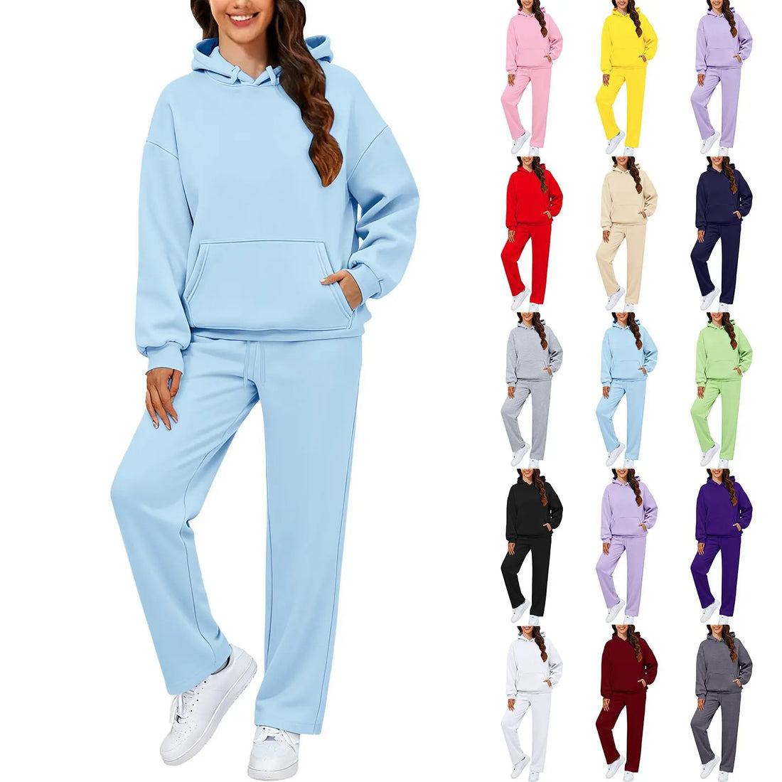Autumn Winter Women Hoodie+Wide Leg Pants Two Pieces Casual Fleece Loose Long Sleeve Tracksuit Comfortable Sports Women Suit
