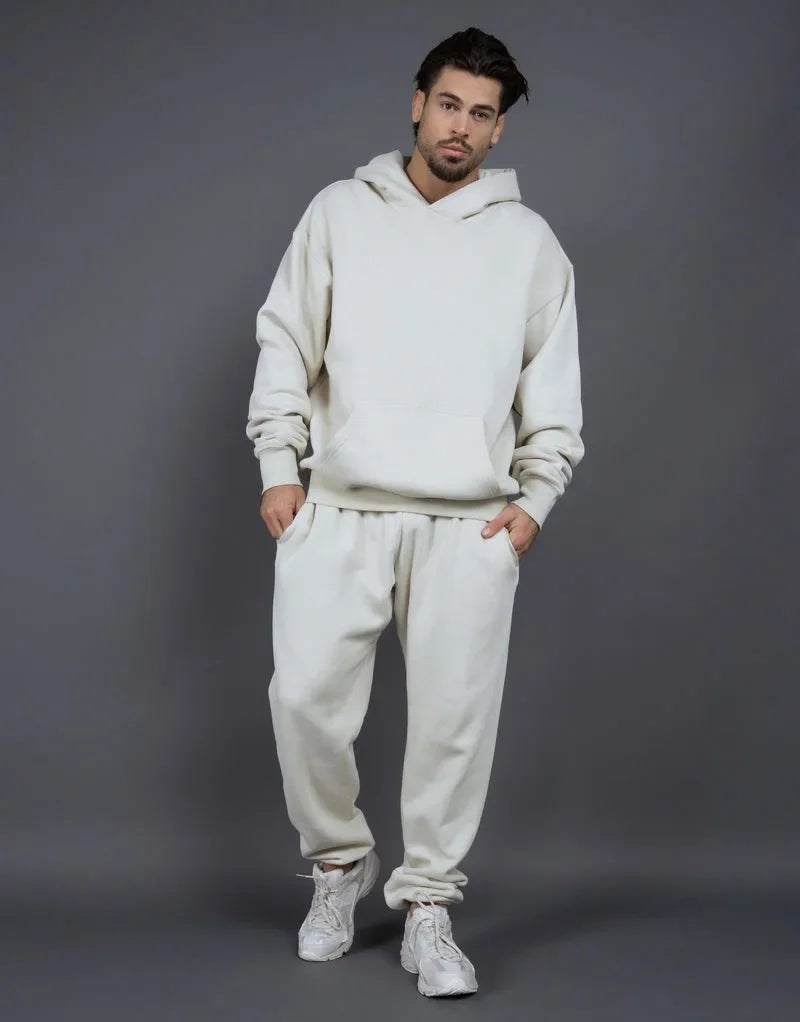 Custom logo autumn and winter cotton 60% polyester 40% plush and thickened men's and women's loose hooded sweater two-piece set ATFH