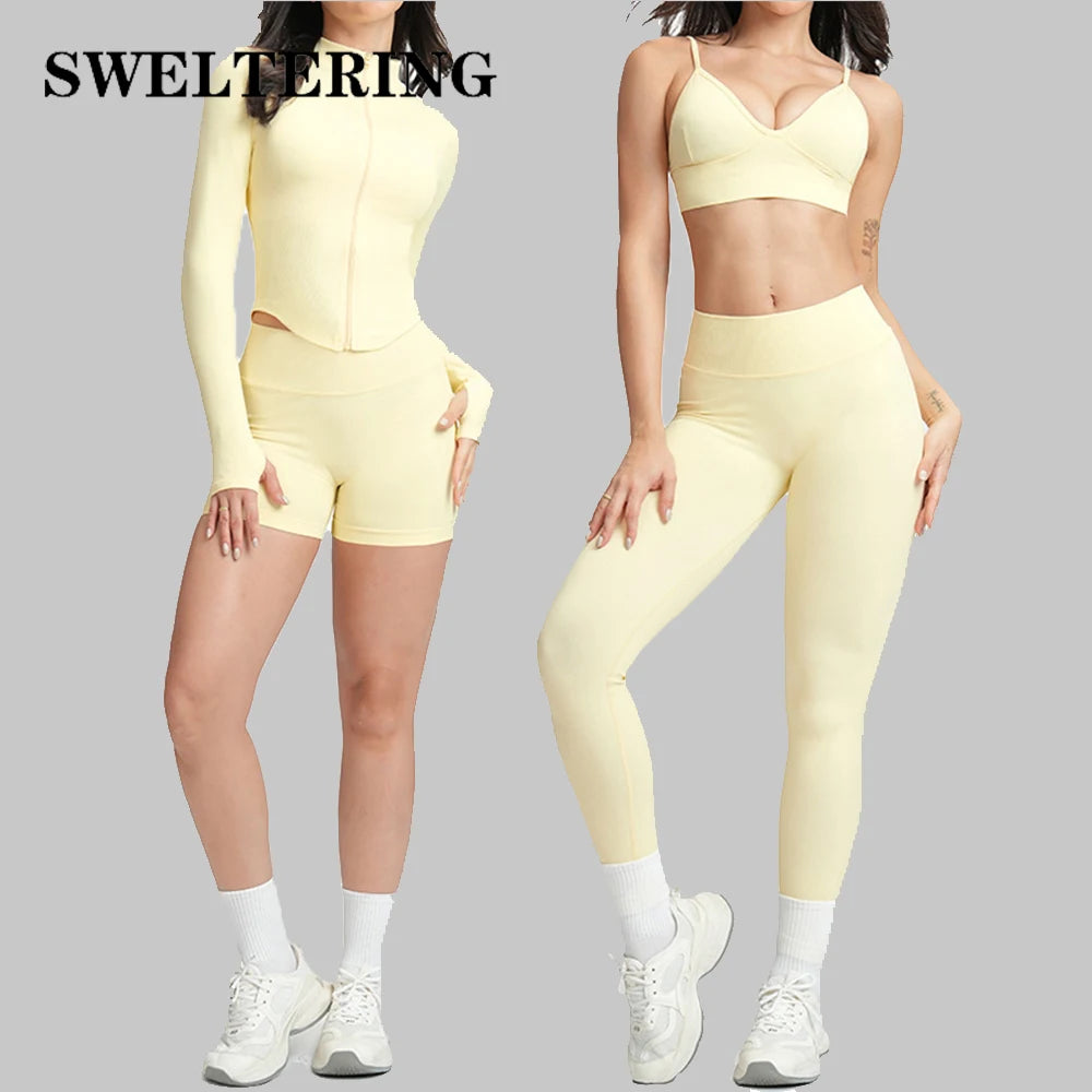 SWELTERING 2/3PCS Seamless Yoga Set Gym Clothes Sportswear Fitness Suits Women Workout Bra Crop Top Long Sleeve Sports Suits - ATFH