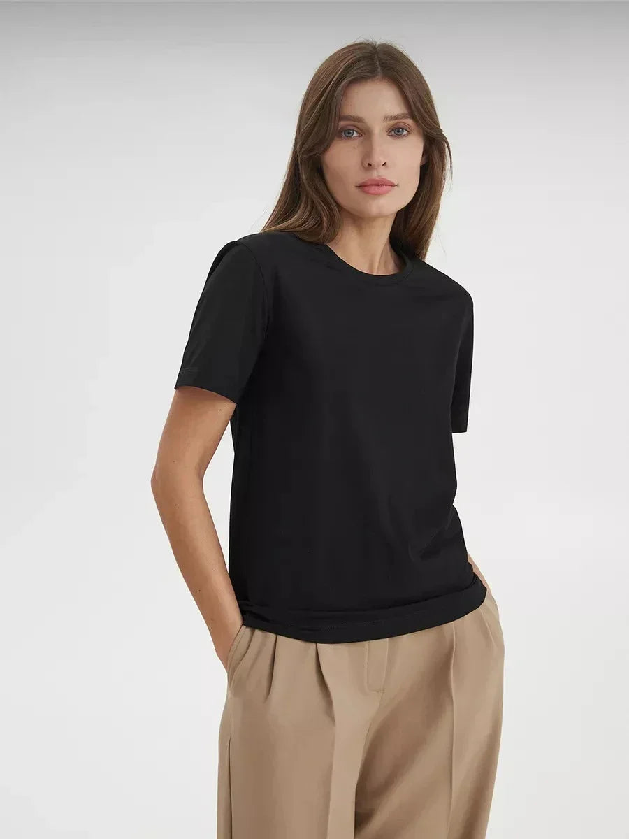 Sumuyoo Summer 100% Cotton Women's T-shirt Bottoming Basic Fashionable Lady Short Sleeve Loose Tops Shirts Solid 230g/㎡ Tops - ATFH