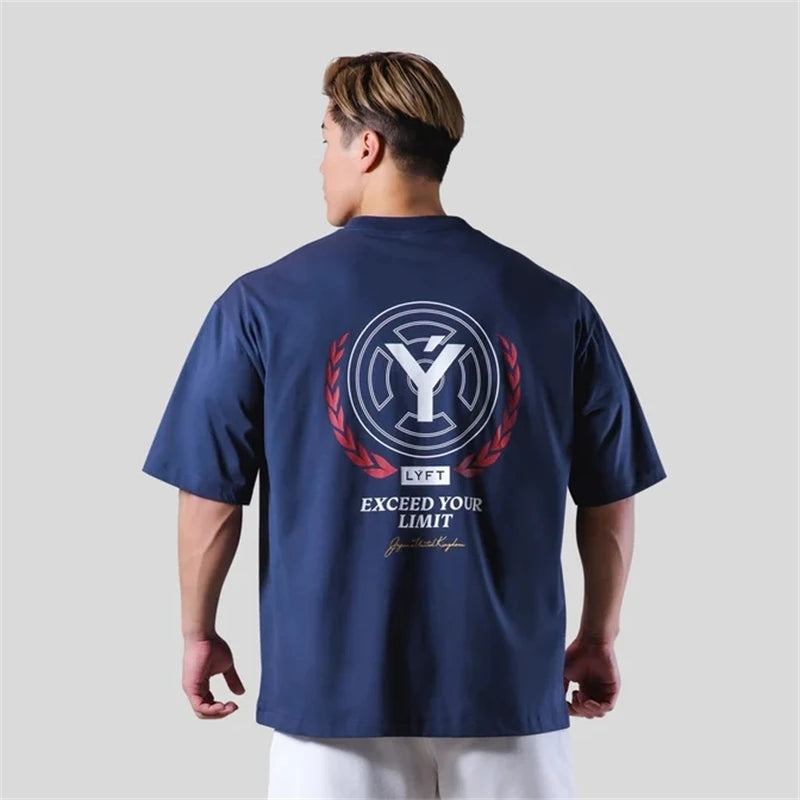 LYFT 210G 100% Cotton Fashion Fitness Sports Short Sleeve Men's Loose T-shirt Summer Workout Casual O-neck Running Tees Tops ATFH