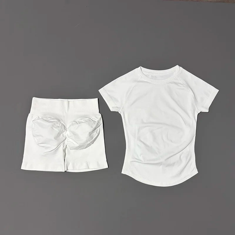 2 Pieces HISTELLO Sports Sets Short Sleeve Seamless Yoga Top Fitness Set Women Workout Running Sports Shorts Gym Suit - ATFH