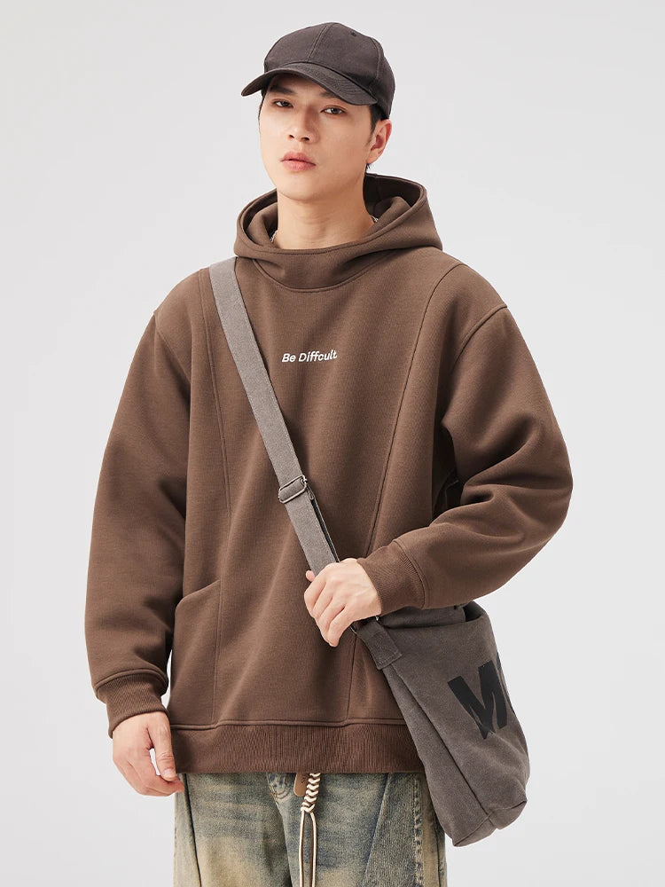 400GSM Cotton Men's Hoodies Letter Embroidery Front Pockets Pullover Hoody Tops Loose Fit - ATFH