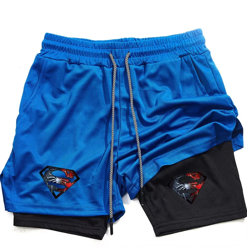 Superhero Print 2 in 1 Running Workout Sport Mesh Shorts Men Gym Performance with Phone Pocket Towel Loop Fitness Apparel