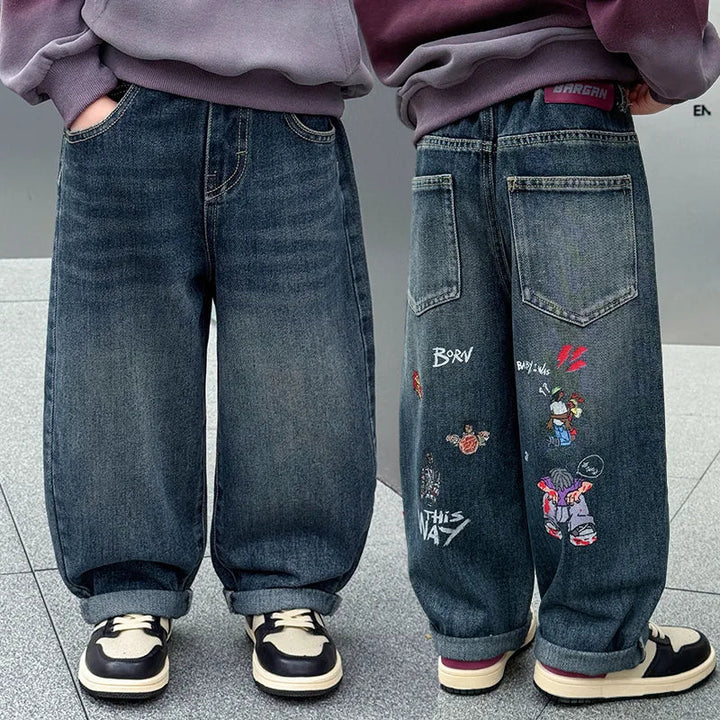 Boys Fashion Jeans Spring Autumn New Cartoon Denim Pants Straight Leg Trousers Trendy Children's Clothing Baby Boys  ﻿ ATFH