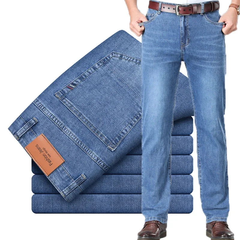 2026 Summer Thin Men's Cotton Jeans New Fashion Gray Elastic Straight Business Casual Pants Comfortable Brand Trousers ATFH