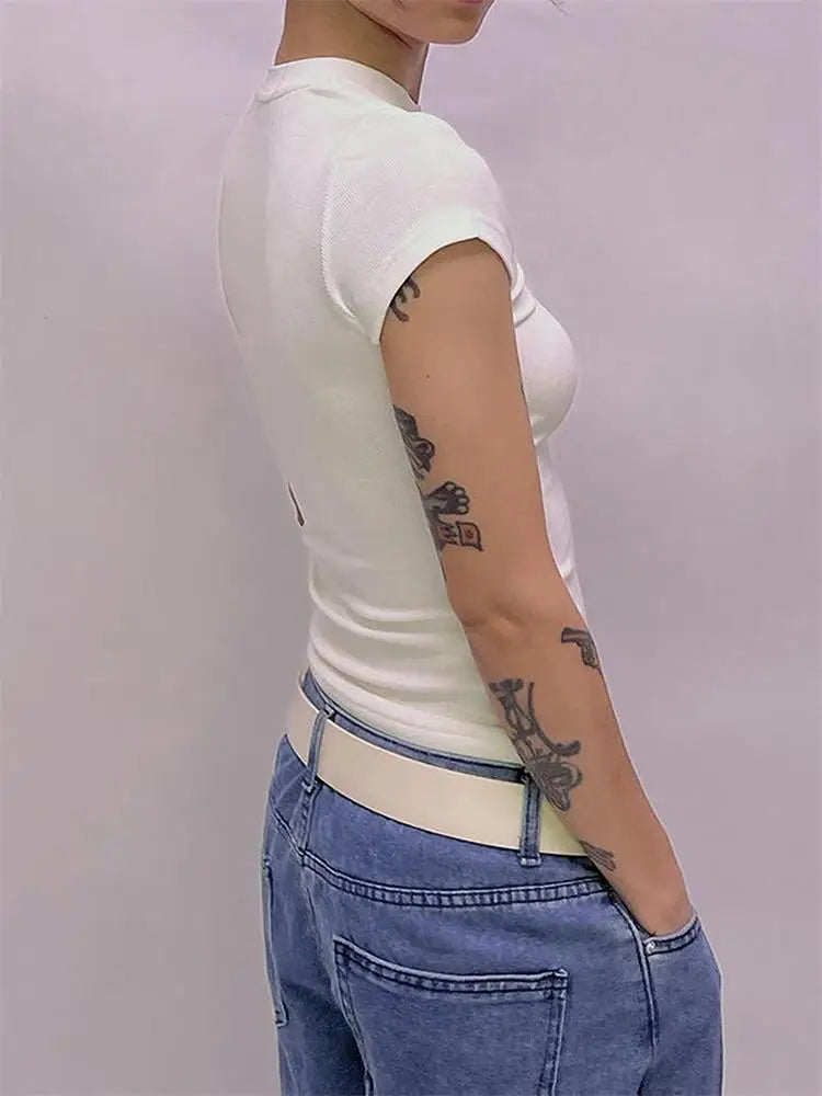 Basic Solid Crop Top Short Sleeve Crewneck Skinny T-shirt Summer Casual Tee for Women Y2K Vintage Top Harajuku Streetwear - ATFH