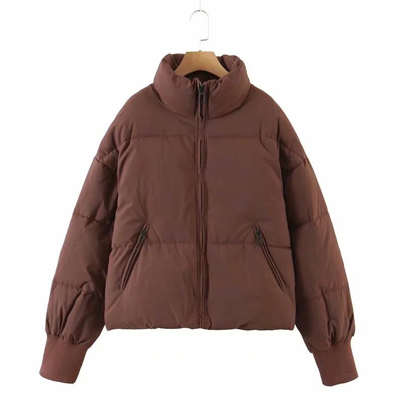 Women's Winter Stand Collar Jacket Baggy Short Padded Down Coats Cropped Puffer Long Sleeve Zipper Coats