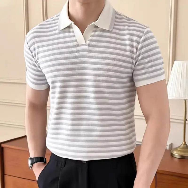 Men's Stripe Polo Shirt, Short Sleeve Breathable T-Shirt with Turn-Down Collar Retro Style Fit  Casual Business Wear 57%cotton