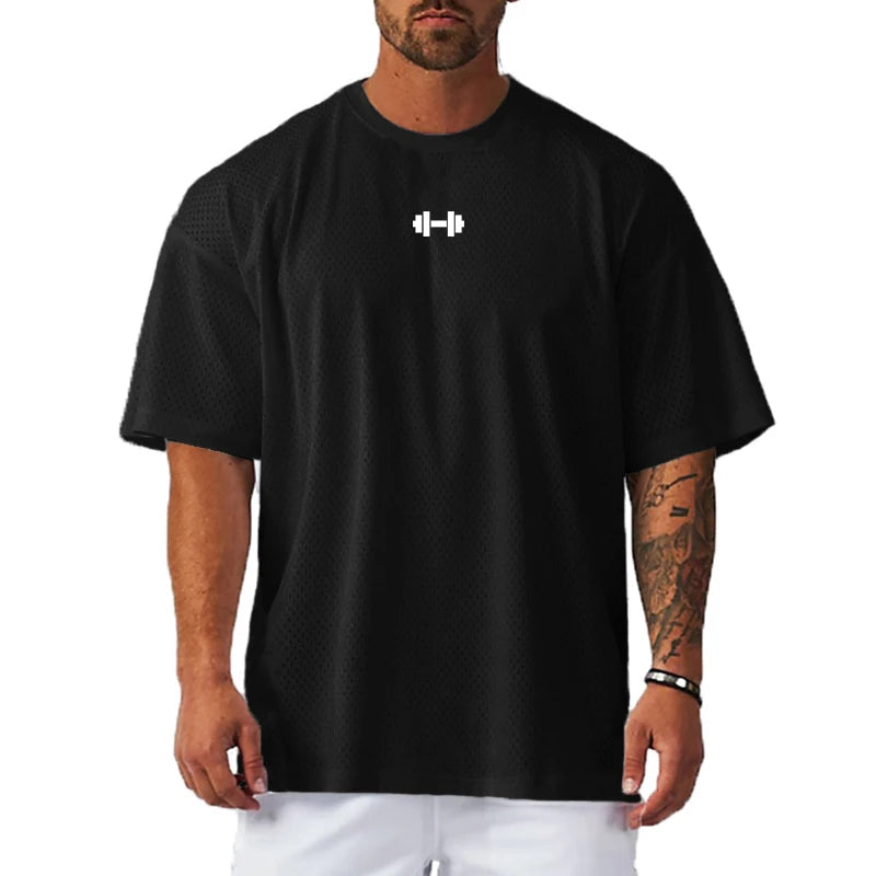 Oversized Summer Mesh Breathable Quick Dry T-Shirt Gym Bodybuilding Fitness Loose Clothing Mens Sport Short Sleeve Casual Shirts ATFH