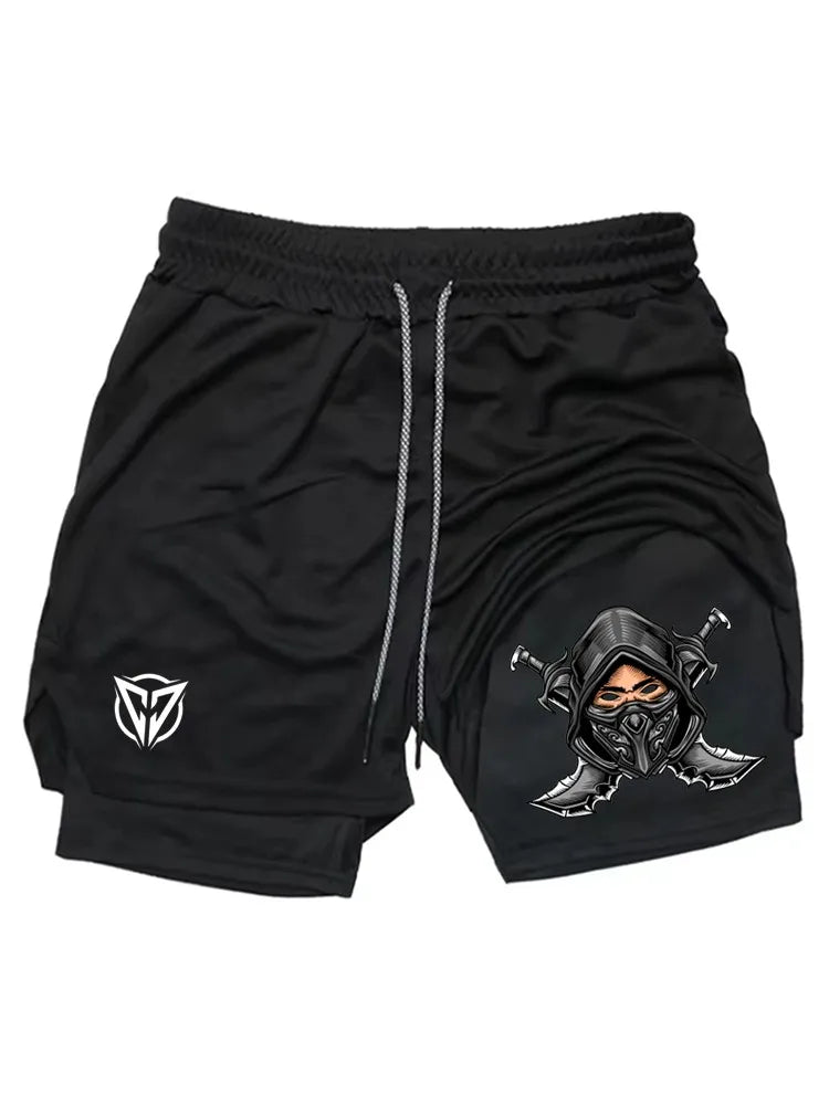 Men's Ninja Graphic 2-in-1 Shorts, Quick Dry Breathable Gym Athletic Workout Streetwear Casual Sports Shorts WX016