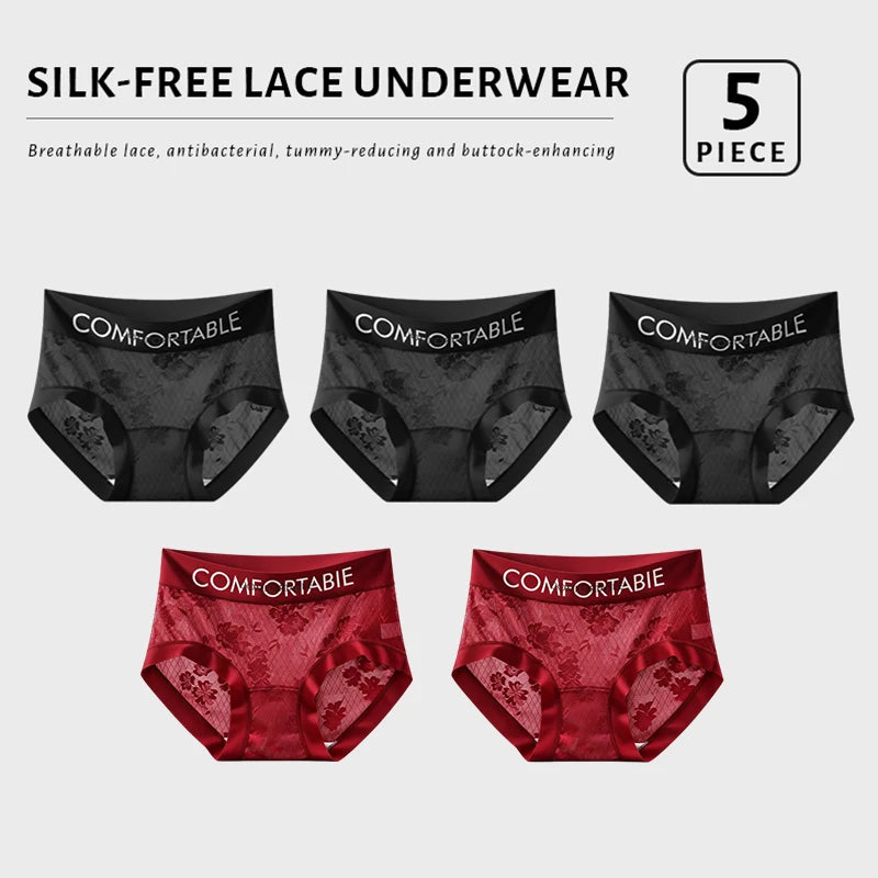 FallSweet 5PCS Ultra-Thin Lace Panties for Women Floral Mid-Rise Transparent Briefs Seamless Underpants Lingerie Calzones Mujer