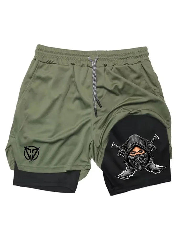 Men's Ninja Graphic 2-in-1 Shorts, Quick Dry Breathable Gym Athletic Workout Streetwear Casual Sports Shorts WX016