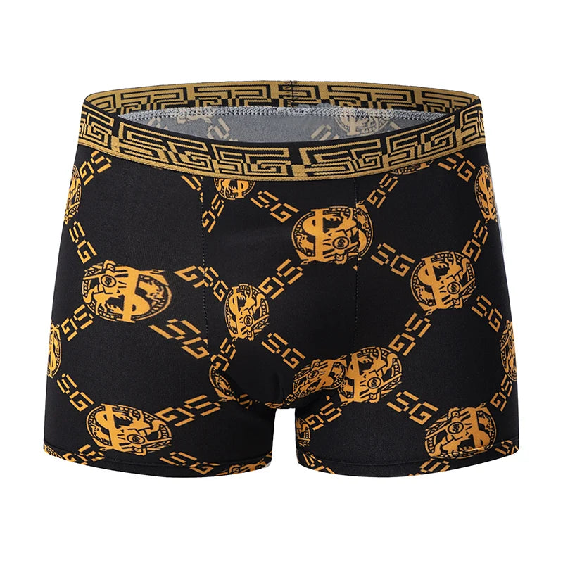 5-piece Set Of Black Gold Printed Men's Underwear Quick Drying Breathable Comfortable Elastic Casual Fashionable And Trendy
