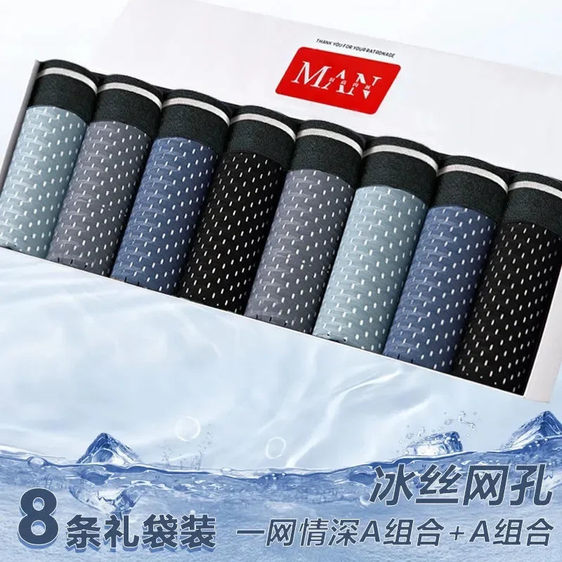 4/8Pcs/Men's Underwear Ice Silk Sexy Boxer Shorts Mid-waist Breathable Men's Underwear Mesh Comfortable Soft Shorts Men Plus 5XL