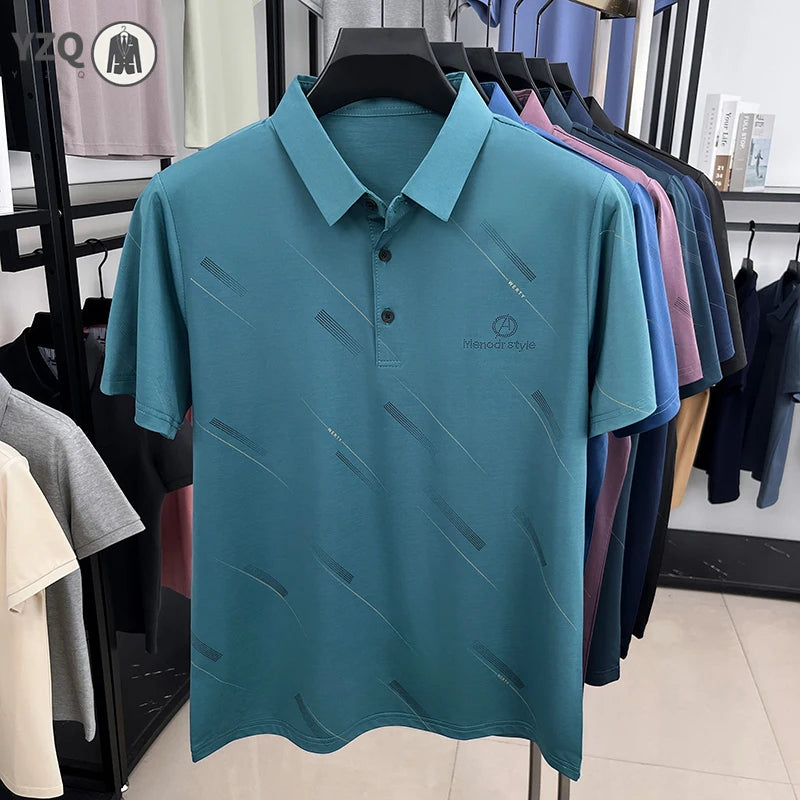 Mens Business Casual Printed Polo Shirt Short Sleeve Lightweight Fabric Comfortable Fit Suitable For Work And Daily Outings