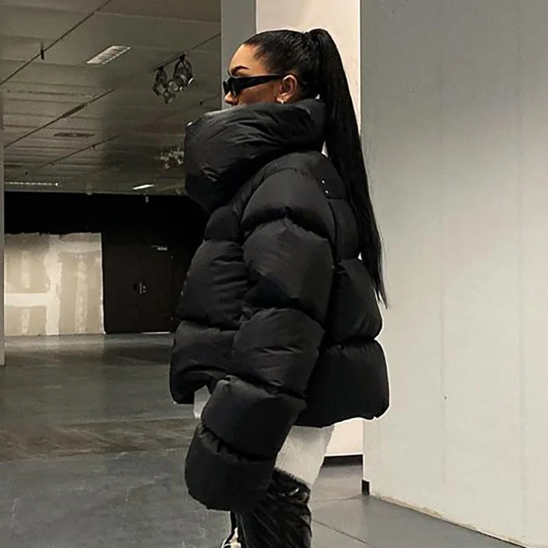 Women's Winter Autumn Tops Coat Splicing Cotton Clothes Press Button Neck Warm Pure Color Simple Loose Design High New Versatile ATFH