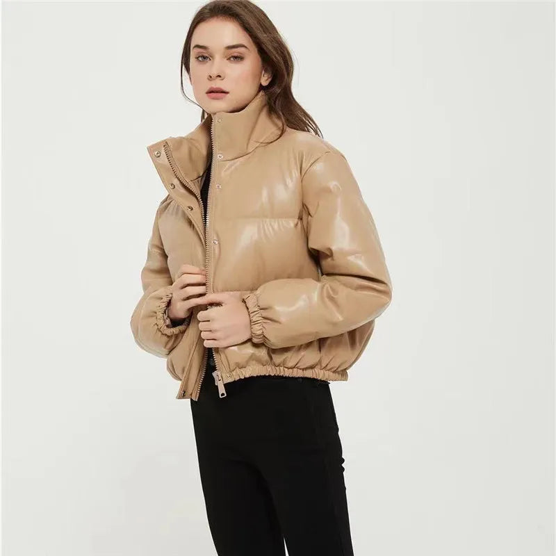 Short Cotton Jacket Parkas Women Winter Warm Thick Down Cotton Leather Coat Fashion Cotton Padded Zipper Overcoat Female
