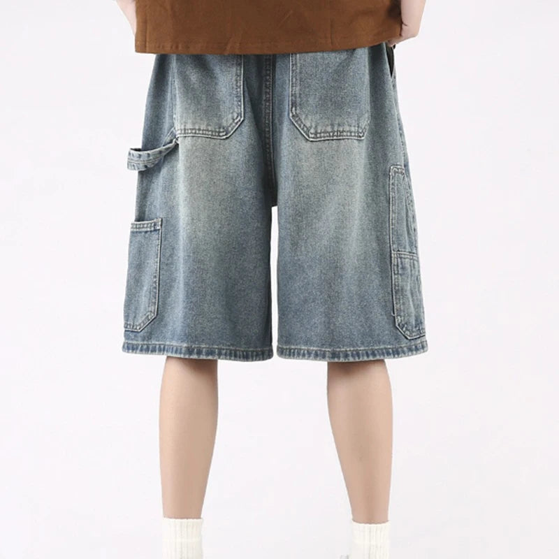 2026 Men's American Retro Carpenter Denim Shorts Summer Washed Casual Drawstring Loose Fit Cargo Jeans ATFH