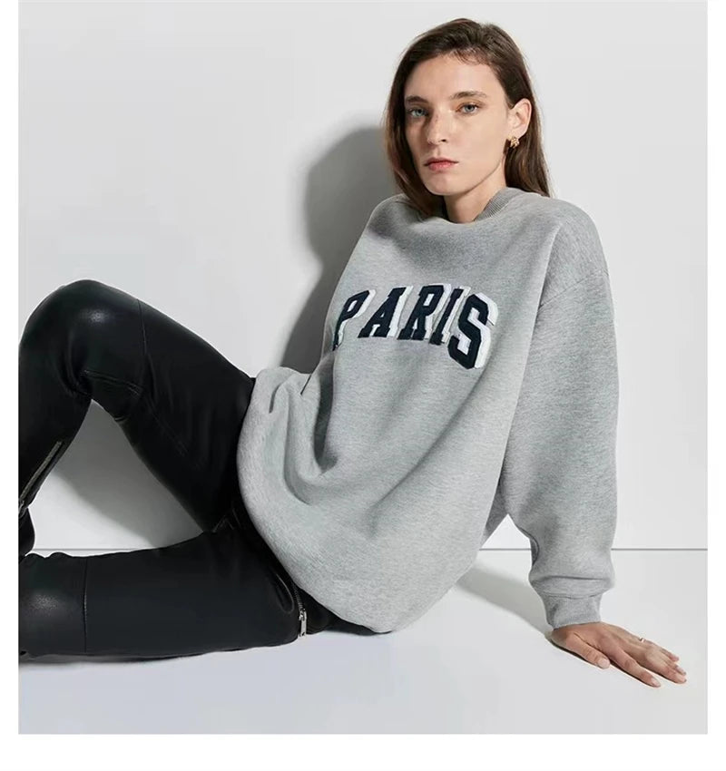 Grey Classic Letter Patch Embroidered Sweatshirt Women Soft Fleece Lining Crew Neck Long Sleeve Sweatshirts Female Autumn Winter - ATFH