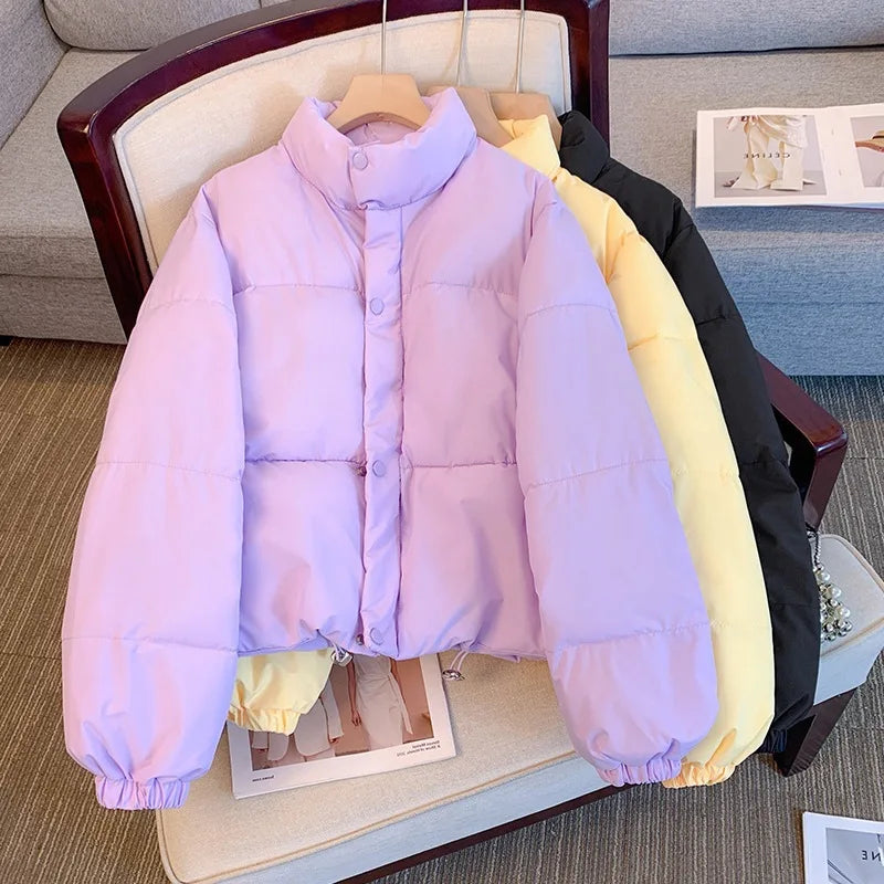 Puffer Parkas Womens Winter Coat Female Casual Fashion Windproof Pockets Hood Fall Drawstring Colorful Sleeve Simple Button Vibe ATFH