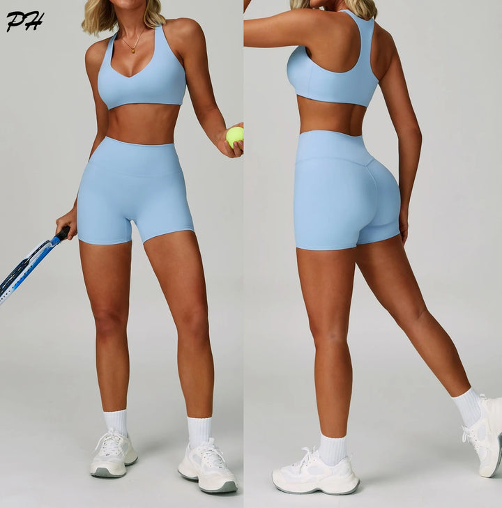 Summer Gym Yoga Running Sport Sets Women Tight Shorts Push Up Bras Sport Suits Quick Dry Fitness Workout Sportswear Tracksuits - ATFH