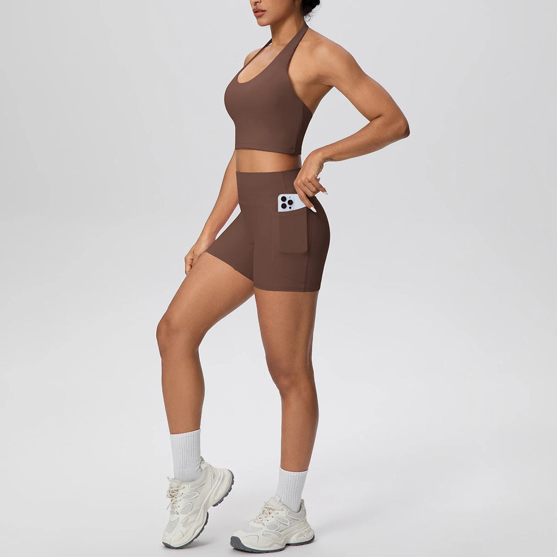 2PCS Women Yoga Set Solid Color Beautiful Back Hanging Neck Bra with Chest Pad Quick-Dry Fitness Shorts With Pockets Yoga Set - ATFH