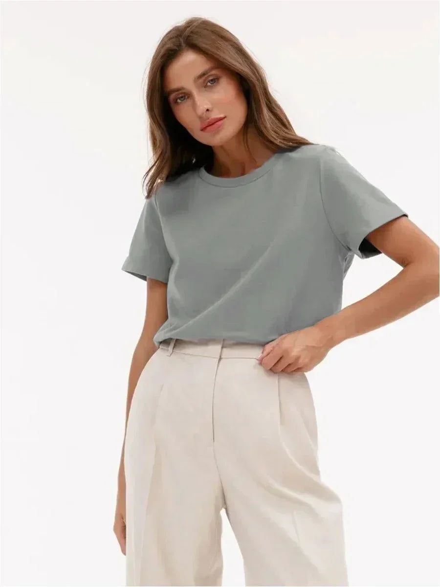 Bornladies Summer 100% Cotton Women's T-shirt Bottoming Basic Fashionable Solid Lady Short Sleeve Loose Tops Shirts 230g/㎡ Tops - ATFH