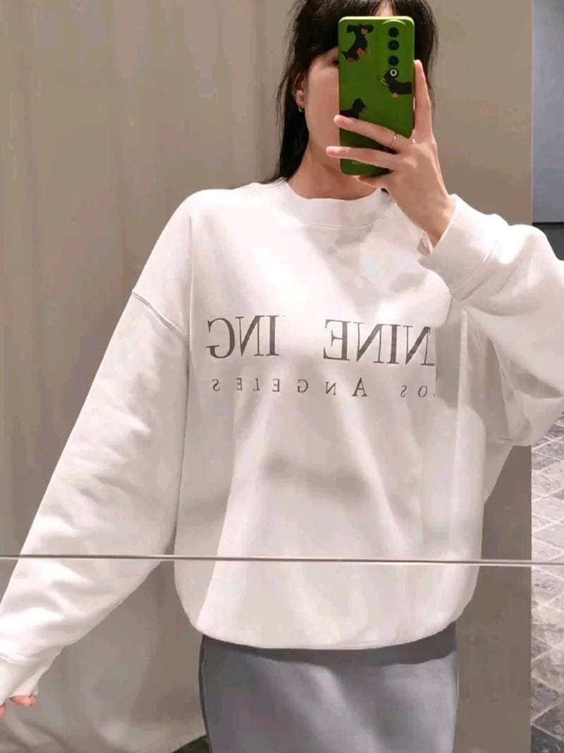 Women's sweatshirt for winter 2025, warm sportswear white round neck with letter print and fleece jacket - ATFH