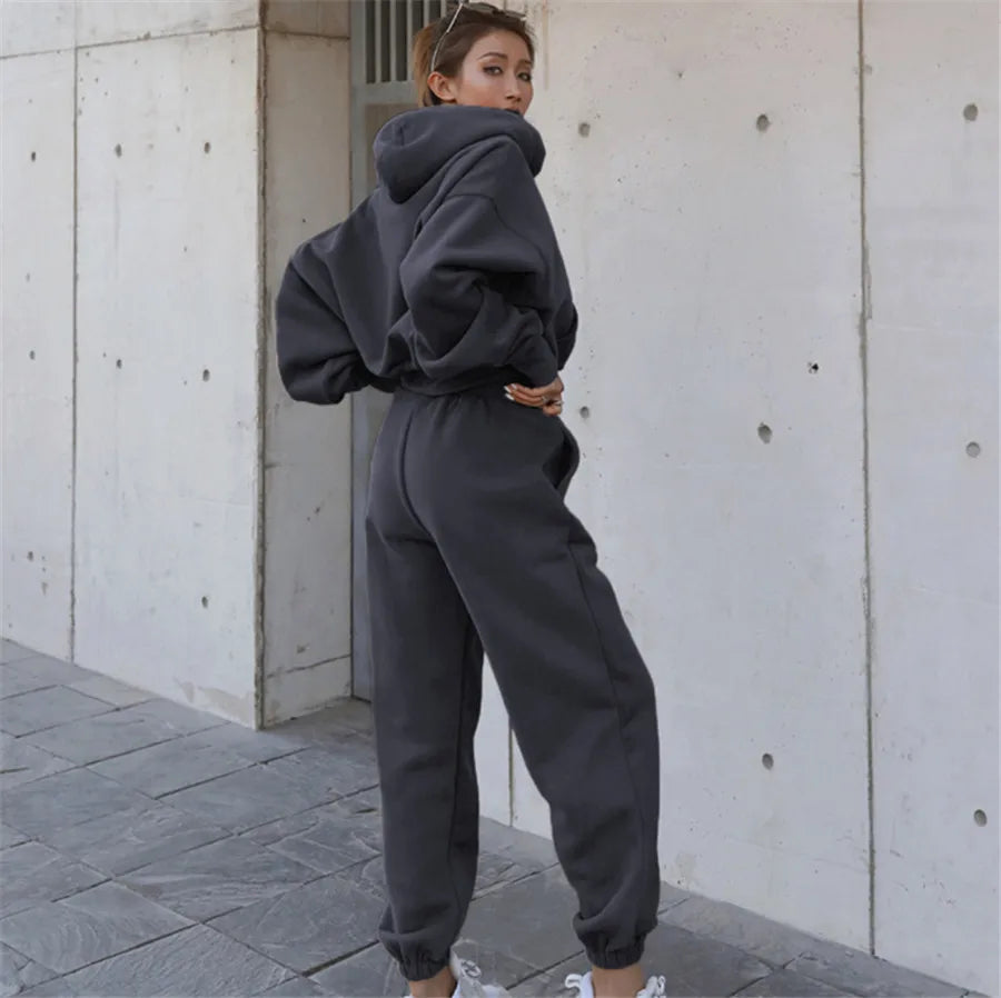 Two Piece Set Women Hooded Sweatshirt Pant Sets Solid Full Sleeve Thick Tops Pullover Pockets Midi Waist Trousers Sporty Suit