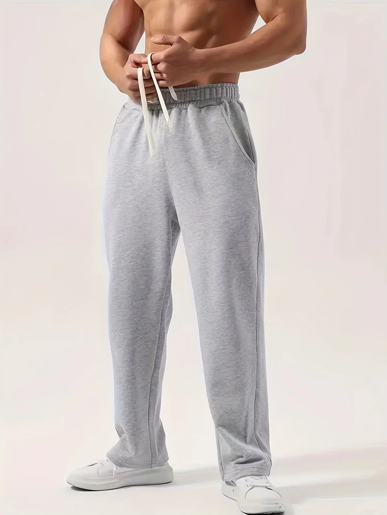 Men's casual athletic trousers loose-fitting straight leg wide-leg style elastic waistband simple solid color pants sweatpants