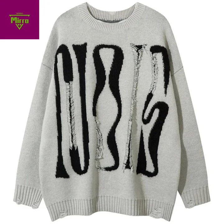 【Mirrordust】Vintage Oversized Sweaters Men Streetwear Harajuku Hip Hop Sweaters Knit Jumpers Ripped Letter Sweaters Knitwear - ATFH