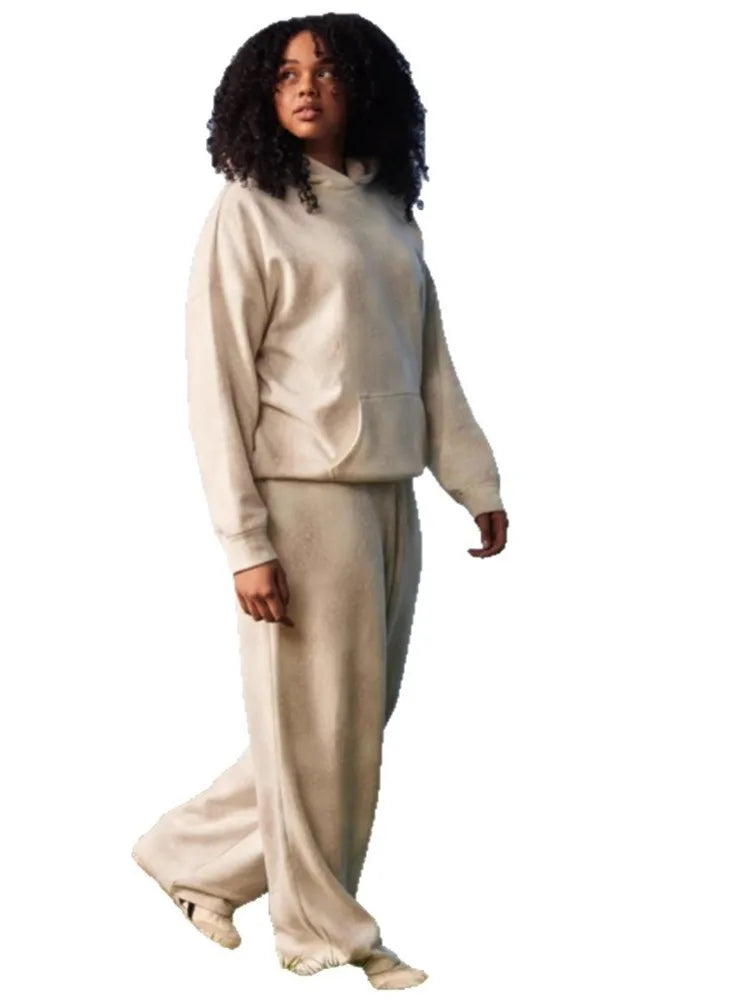 Female Solid Color Loose Sweatshirt Two-piece Sets Fashion Hooded Hood With Pocket Wide-leg Pants Suit Autumn Winter Lady Outfit