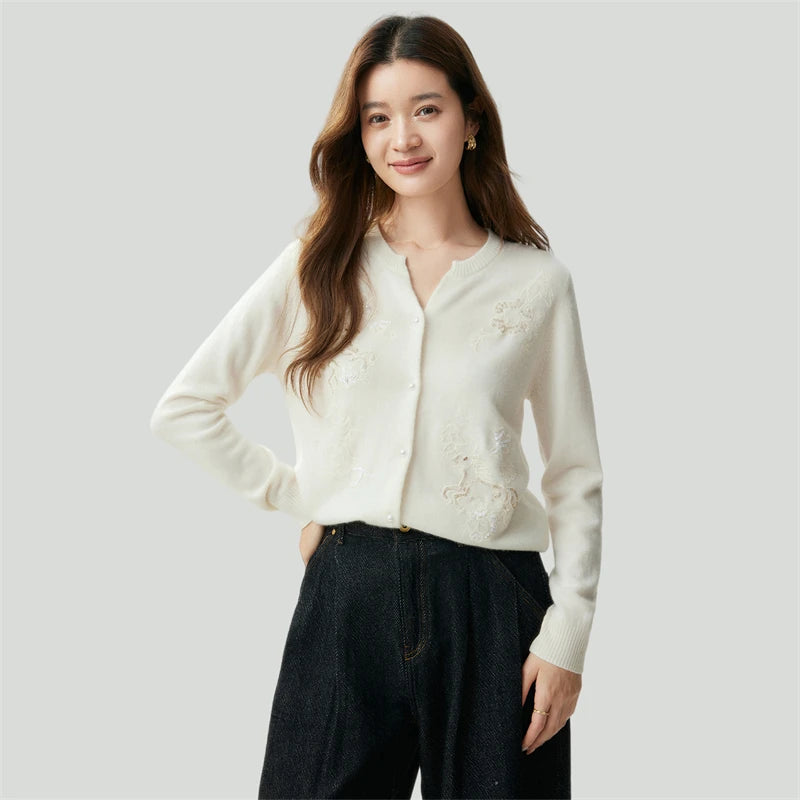 Delicate Notched Collar Autumn Winter Woman 100% Cashmere Mock-Neck Cardigan Knitwear Pearl Buttons Long Sleeve Ribbed Hem Tops