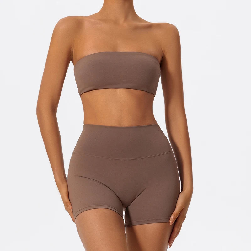 Summer Two Piece Fitness Sports Set Women Workout Yoga Outfit Strapless Bra Woman 2Ps Gym Crop Top Deportivos Mujer Gym Suits - ATFH