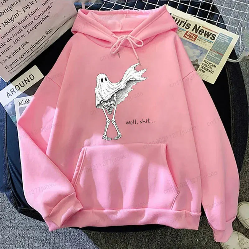 Funny Skeleton Ghost Women Hoodie Well Shit Graphic Hooded Sweatshirt Streetwear Punk Gothic Halloween Spooky Season Hoodie Gift
