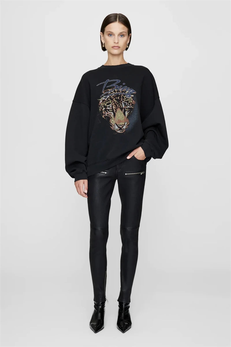 Grey Classic Letter Patch Embroidered Sweatshirt Women Soft Fleece Lining Crew Neck Long Sleeve Sweatshirts Female Autumn Winter - ATFH