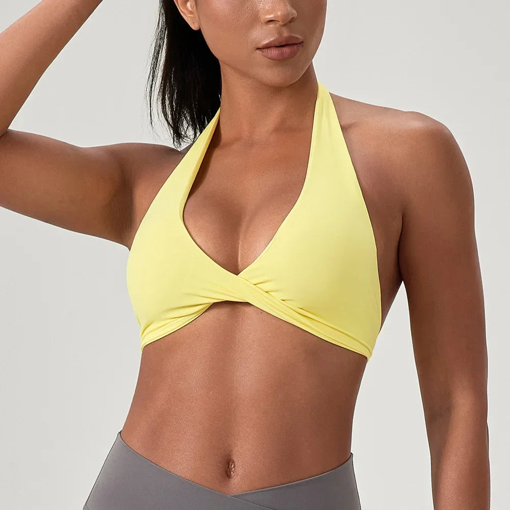 Strappy Bra for Women Open Back Halter Sports Bra Light Support Gym Crop Top Seamless Workout Yoga Top Bra Padded Bras - ATFH